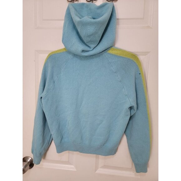 Vintage ST. JOHN SPORT Blue & Green Knit Hooded Cardigan Sweater With Pockets & - Picture 4 of 16